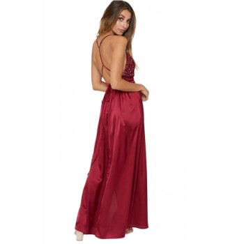 Burgundy Sequined Silky Maxi Party Dress
